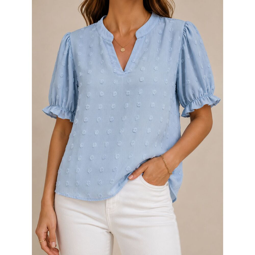 Blue Swiss Dot Puff Sleeve Boutique Blouse Womens L Cottagecore Coquette Top